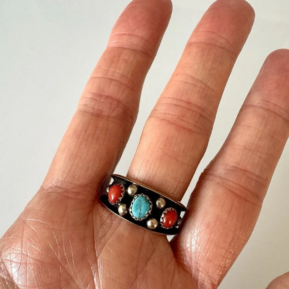 Turquoise Coral Band Ring Sz 11 Navajo 5g 11mm Native Amer Dark Sterling Mens